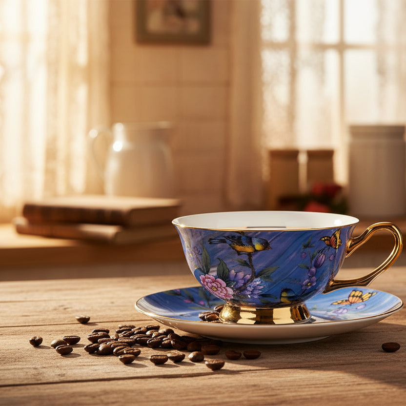 Decorative teacup and saucer with floral and butterfly design on a white background