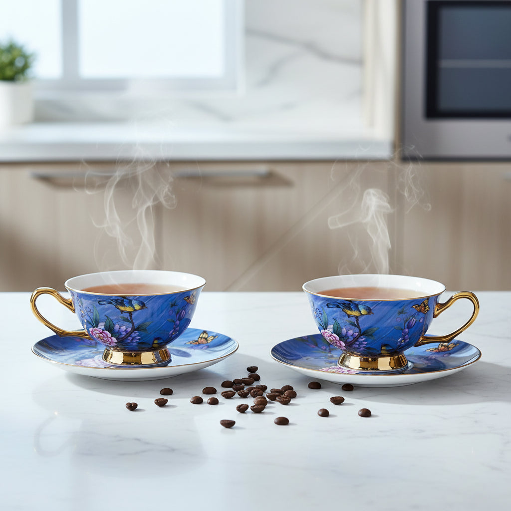 Decorative teacup and saucer with floral and butterfly design on a white background