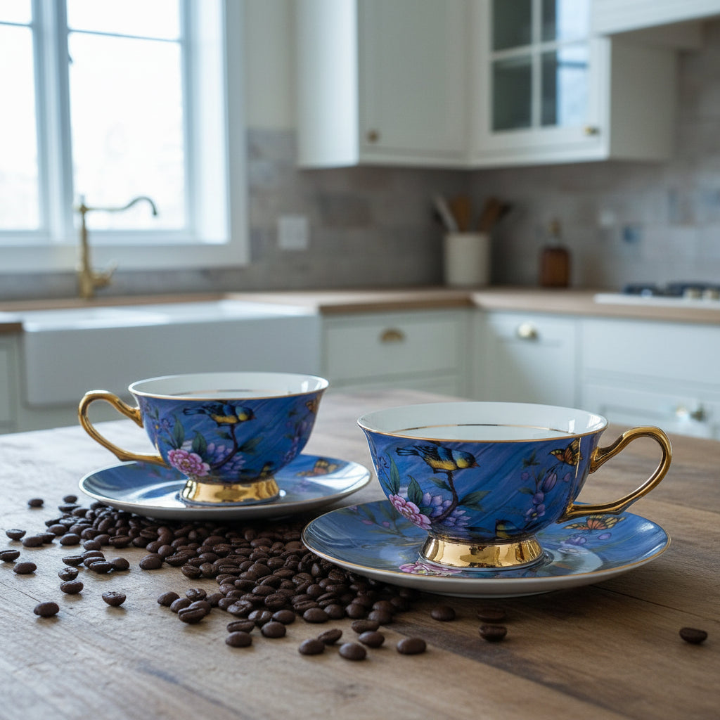 Decorative teacup and saucer with floral and butterfly design on a white background