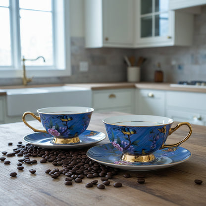 Decorative teacup and saucer with floral and butterfly design on a white background