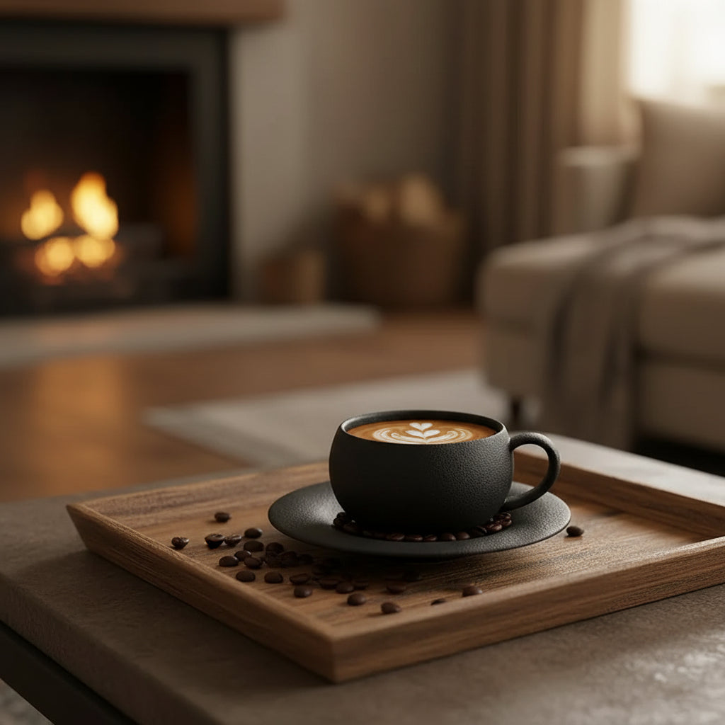 Black textured coffee cup with a latte art design on a wooden table.