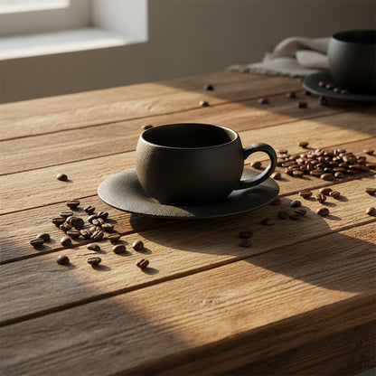 Black ceramic cup and saucer set on a white background
