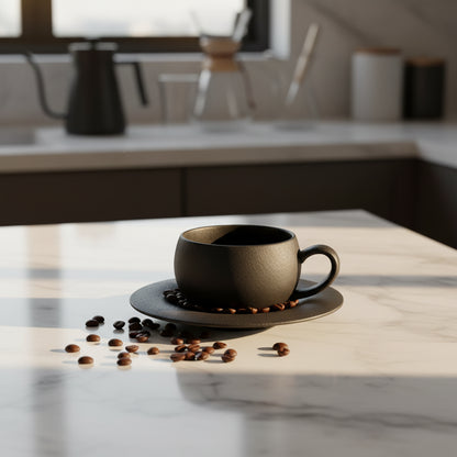 Black ceramic cup and saucer set on a white background