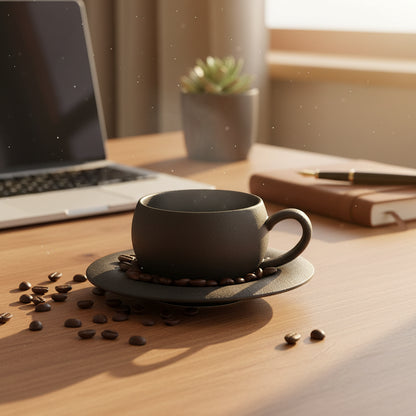Black ceramic cup and saucer set on a white background