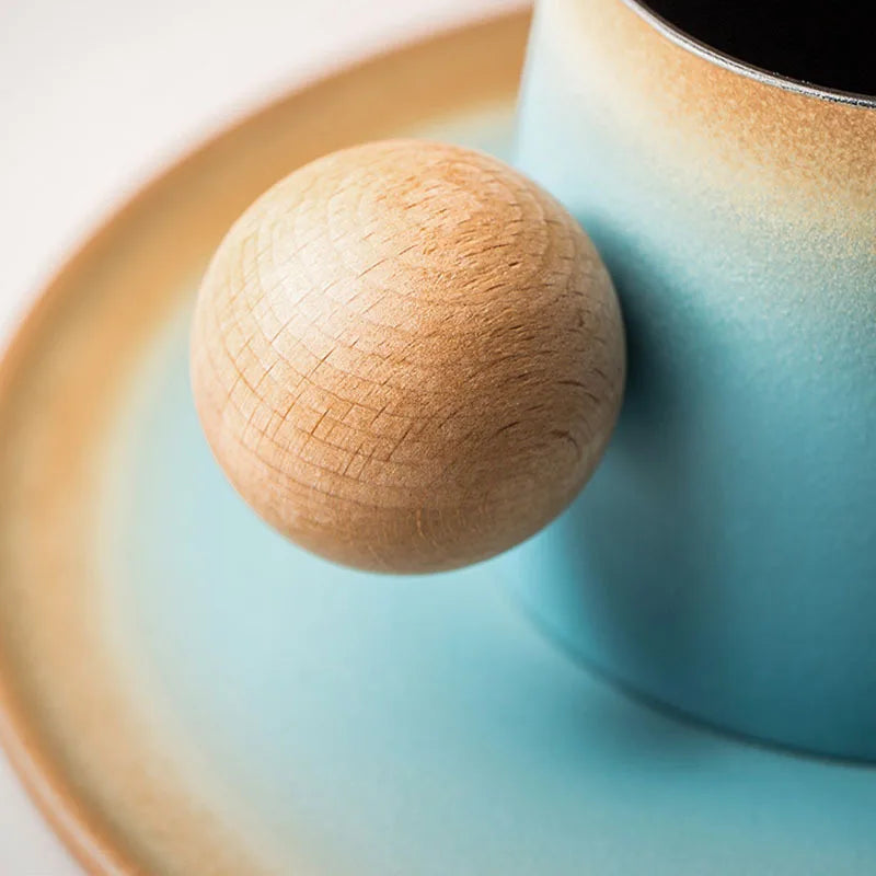 Wooden ball on a ceramic plate with a gradient background