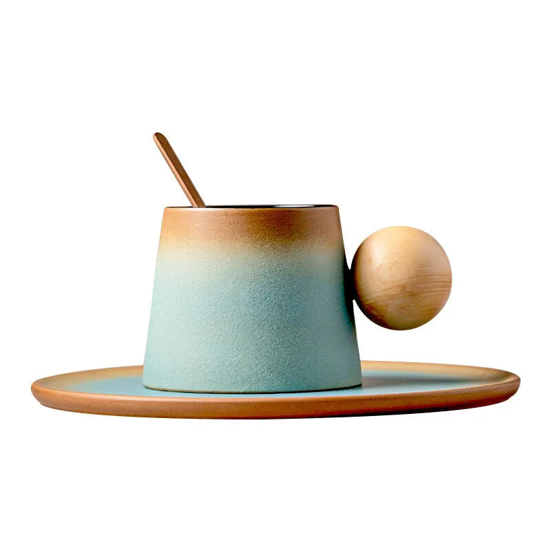 Ceramic mug with wooden handle and lid on a matching plate against a white background