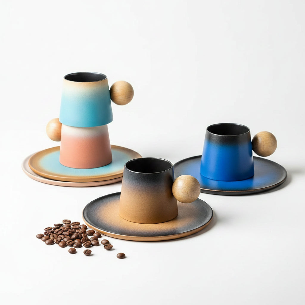 Jupiter coffee cups with gradient colors on a neutral background