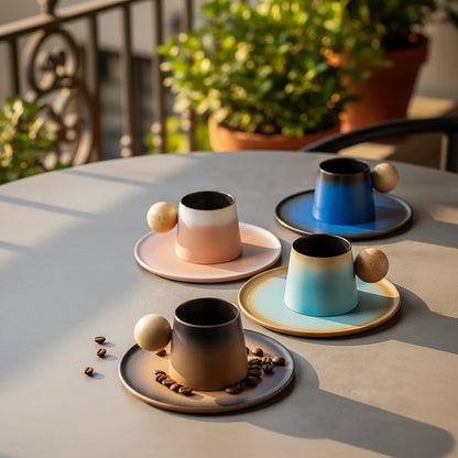Set of four ceramic cups with gradient colors on a gray surface