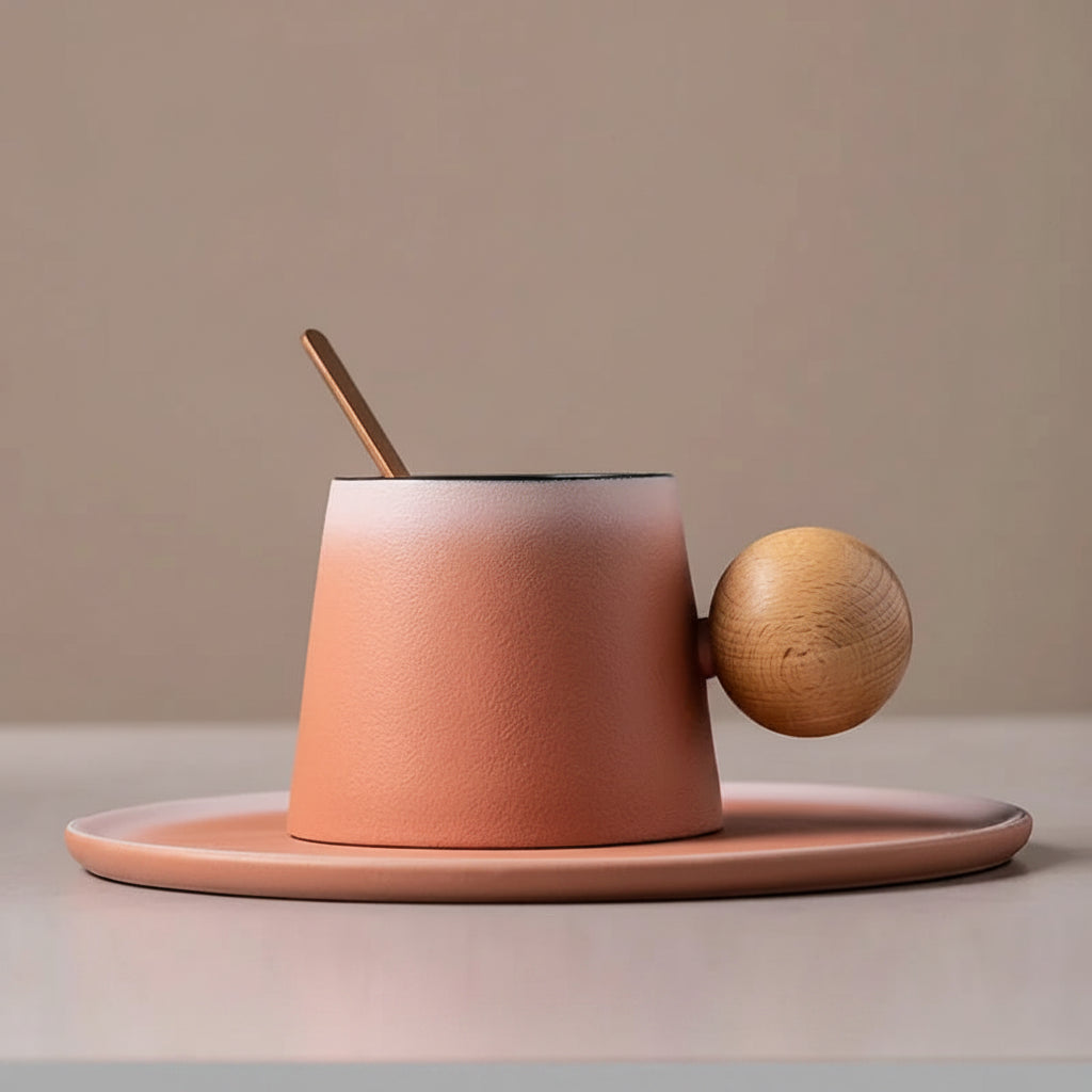 Ceramic coffee cup with wooden spoon and lid on a beige plate against a beige backgroun