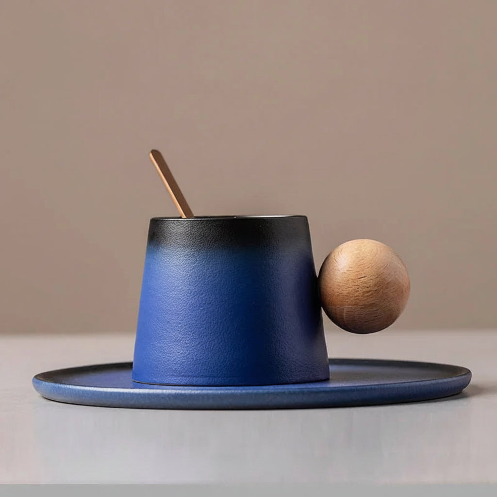Blue ceramic cup with wooden spoon and ball on a matching saucer against a beige background