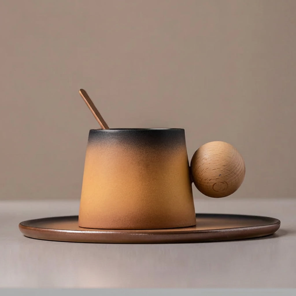 Ceramic coffee cup with wooden spoon and coaster on a beige background