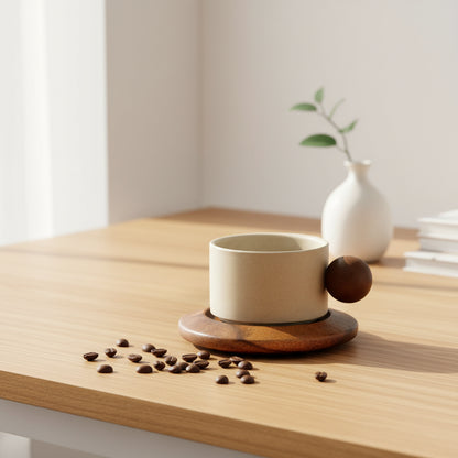 Beige ceramic cup with wooden base and handle on a white background