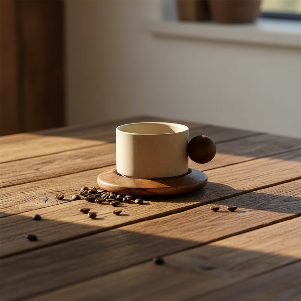 Beige ceramic cup with wooden base and handle on a white background