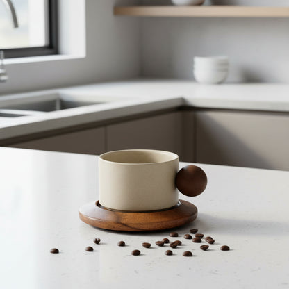 Beige ceramic cup with wooden base and handle on a white background