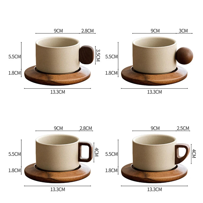 Ceramic cups with wooden saucers and measurements on a white background
