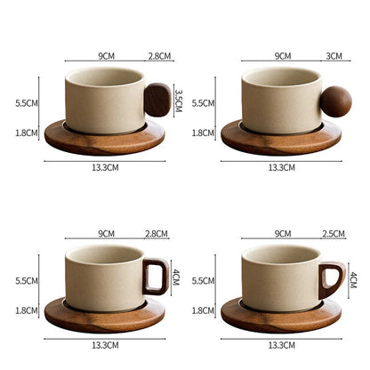 Ceramic cups with wooden saucers and measurements on a white background