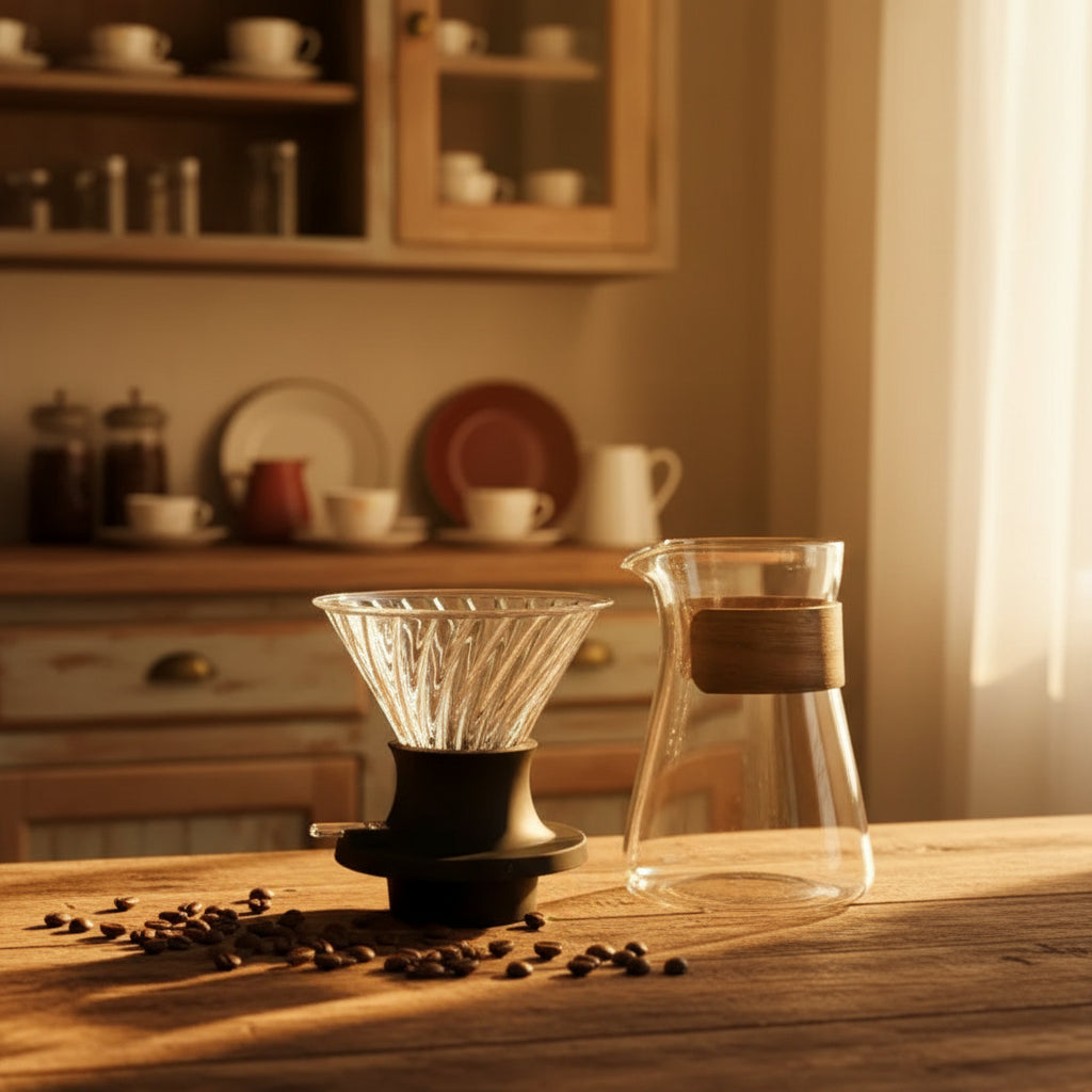 Clear glass coffee dripper with black base on a kitchen counter