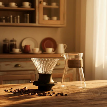 Clear glass coffee dripper with black base on a kitchen counter