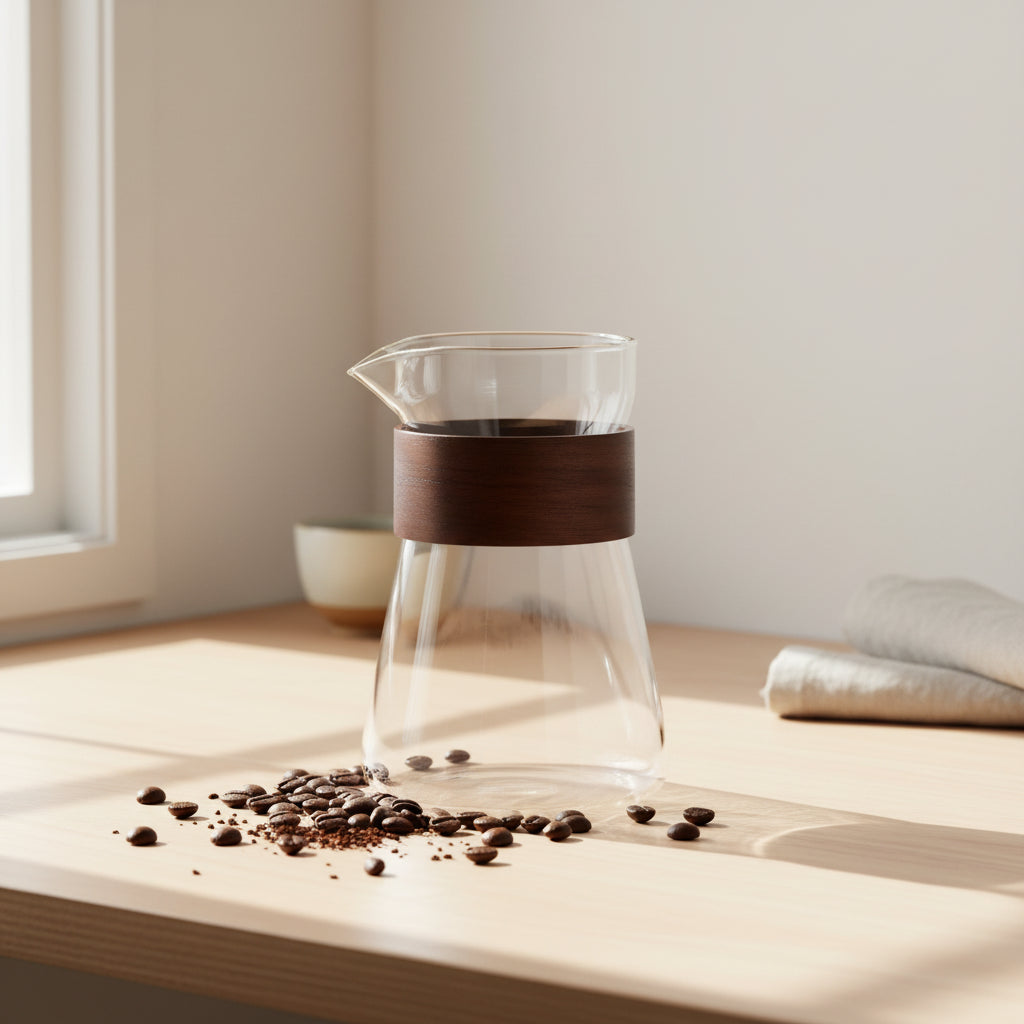 Clear glass coffee maker with brown leather strap on a wooden surface with scattered coffee beans.