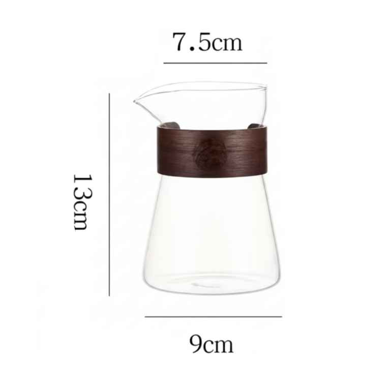 Glass carafe with wooden sleeve and dimensions labeled on a white background