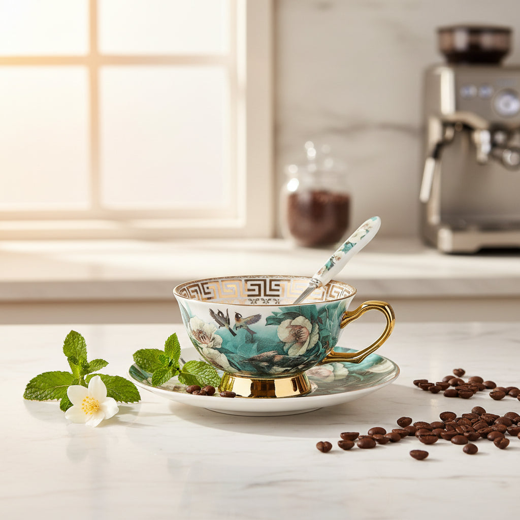 Tea cup with floral design, gold trim, and matching saucer on a white background