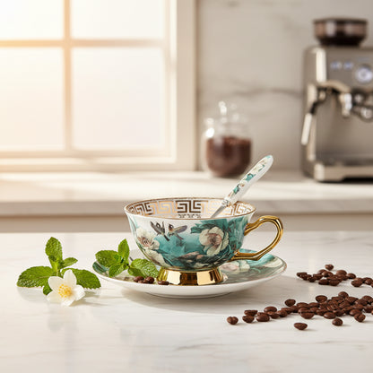 Tea cup with floral design, gold trim, and matching saucer on a white background