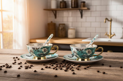 Tea cup with floral design, gold trim, and matching saucer on a white background