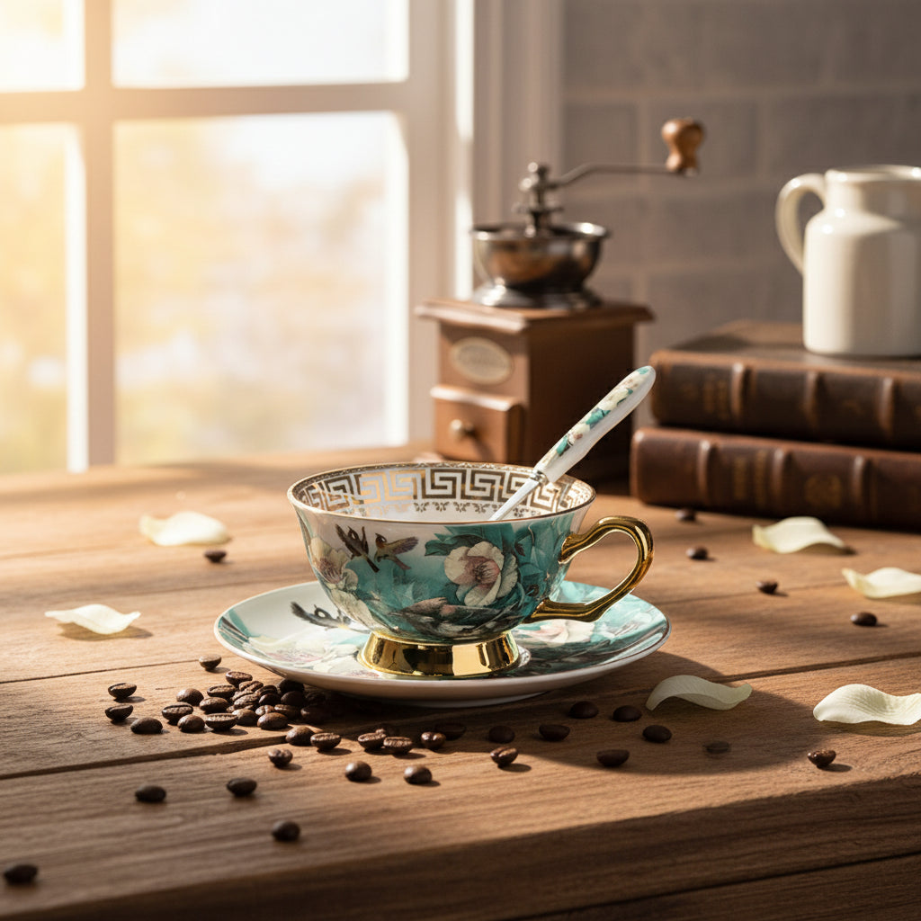 Tea cup with floral design, gold trim, and matching saucer on a white background