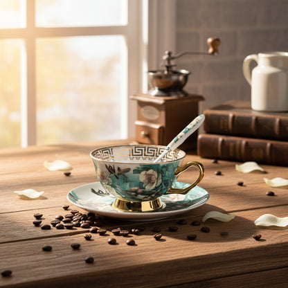 Tea cup with floral design, gold trim, and matching saucer on a white background