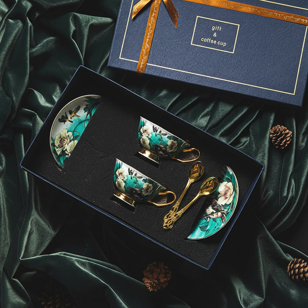 Tea cup set with decorative elements in a gift box on a green fabric background