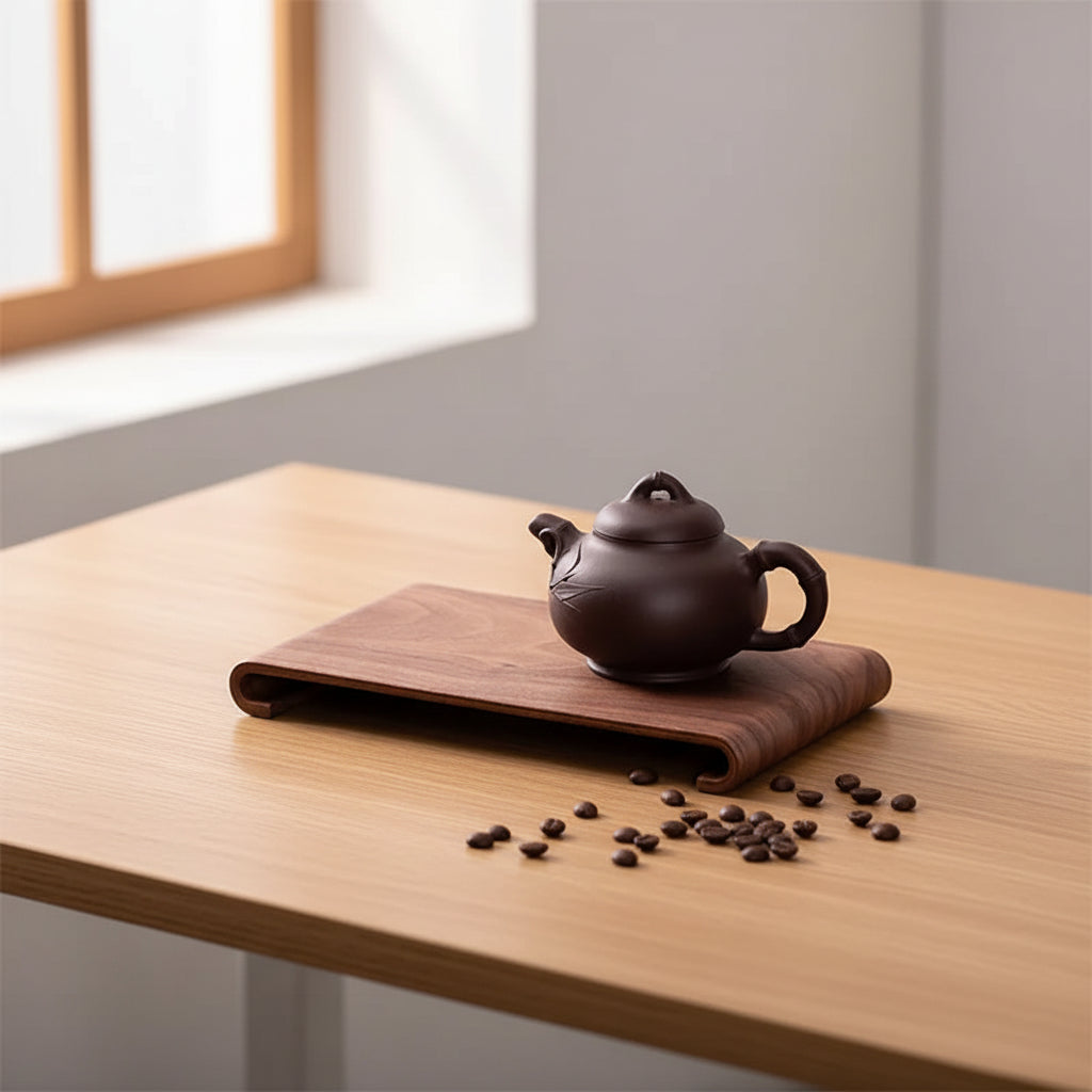 Tea set with a teapot on a wooden tray, person holding a glass of tea in the background.
