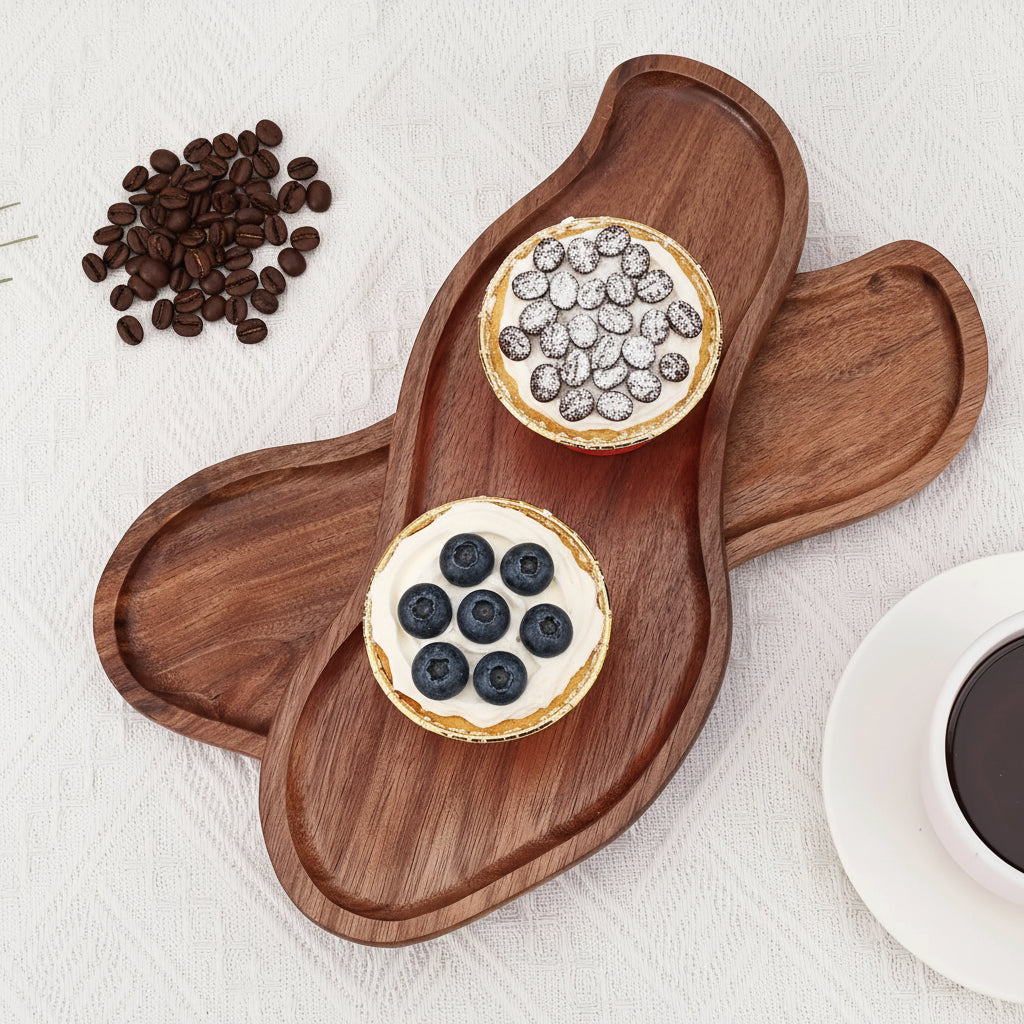 Wooden serving tray on a white surface