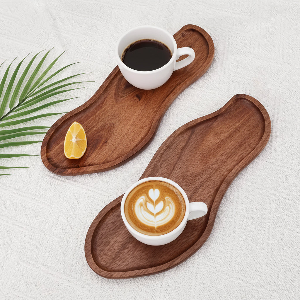 Two wooden trays with coffee cups on a white surface with a leaf decoration.