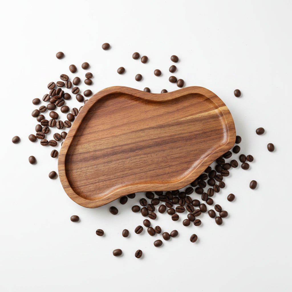 Wooden cutting board with wavy edge on a white background