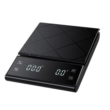 Black digital kitchen scale on a white background