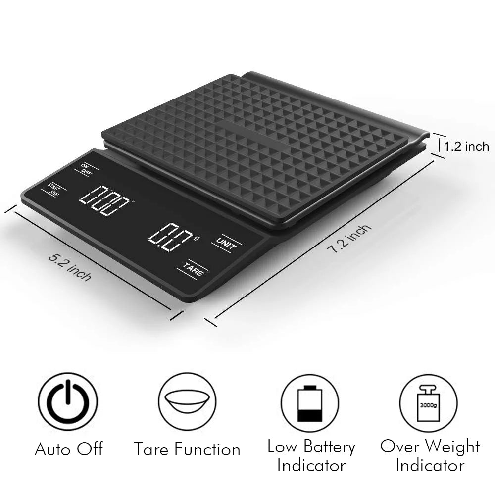 Digital kitchen scale with dimensions and feature icons on a white background