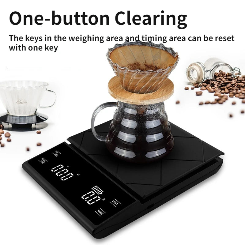 Digital kitchen scale with a coffee brewing setup on a white background