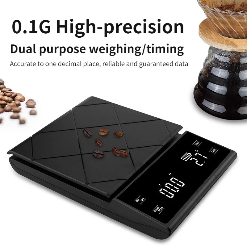 Digital kitchen scale with coffee beans on a white background