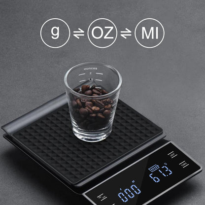 Digital kitchen scale with a glass of coffee beans on a gray background