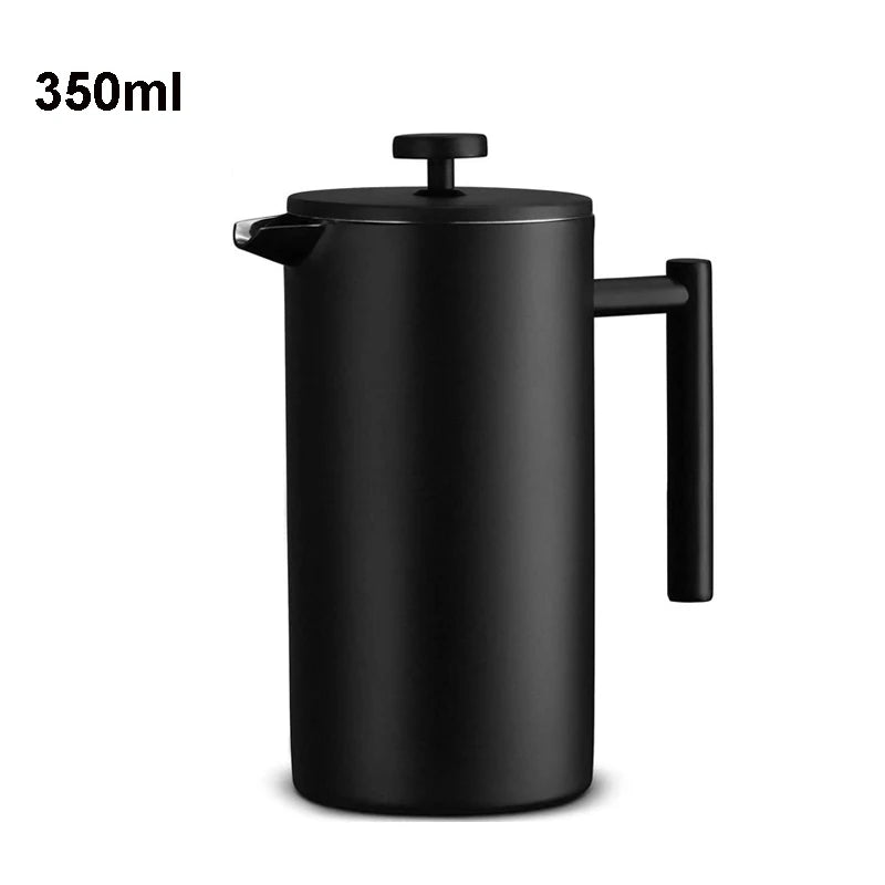 Black coffee press with a handle on a white background, labeled '350ml'.