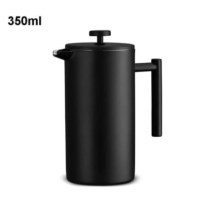 Black coffee press with a handle on a white background, labeled '350ml'.