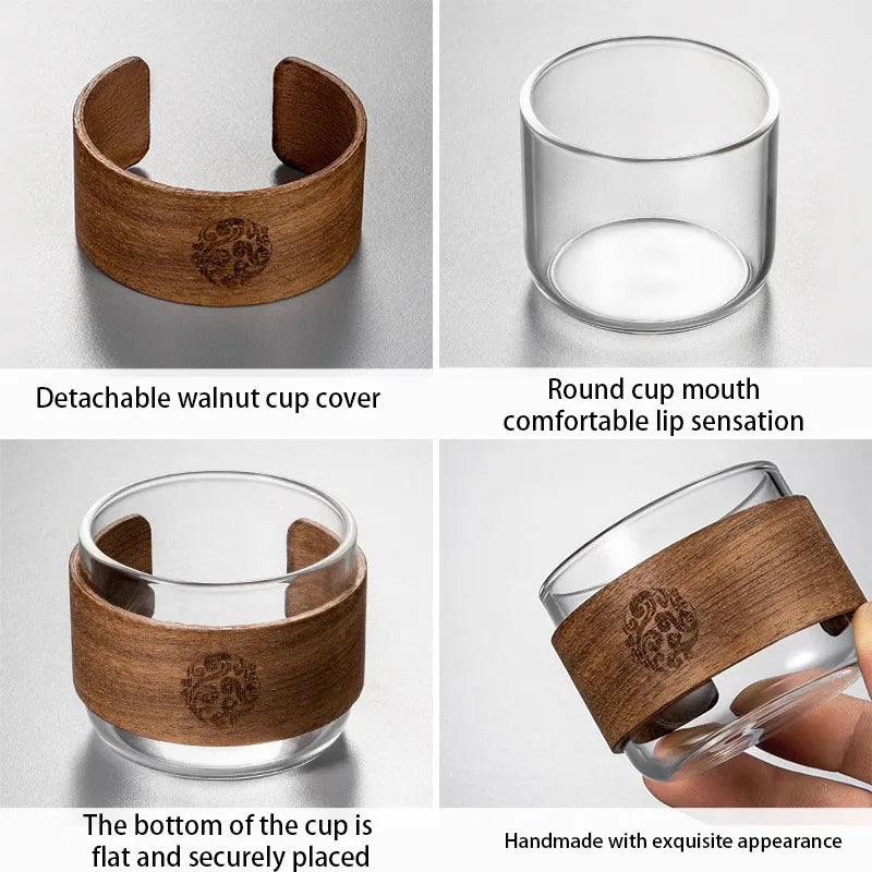Glass cup with detachable walnut cover and text describing features