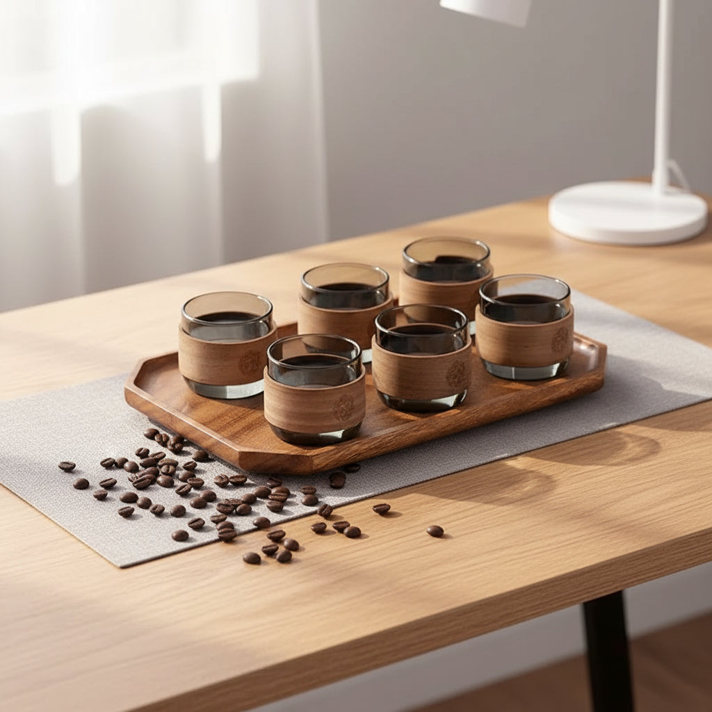 Set of six wooden cups with a wooden tray on a wooden surface