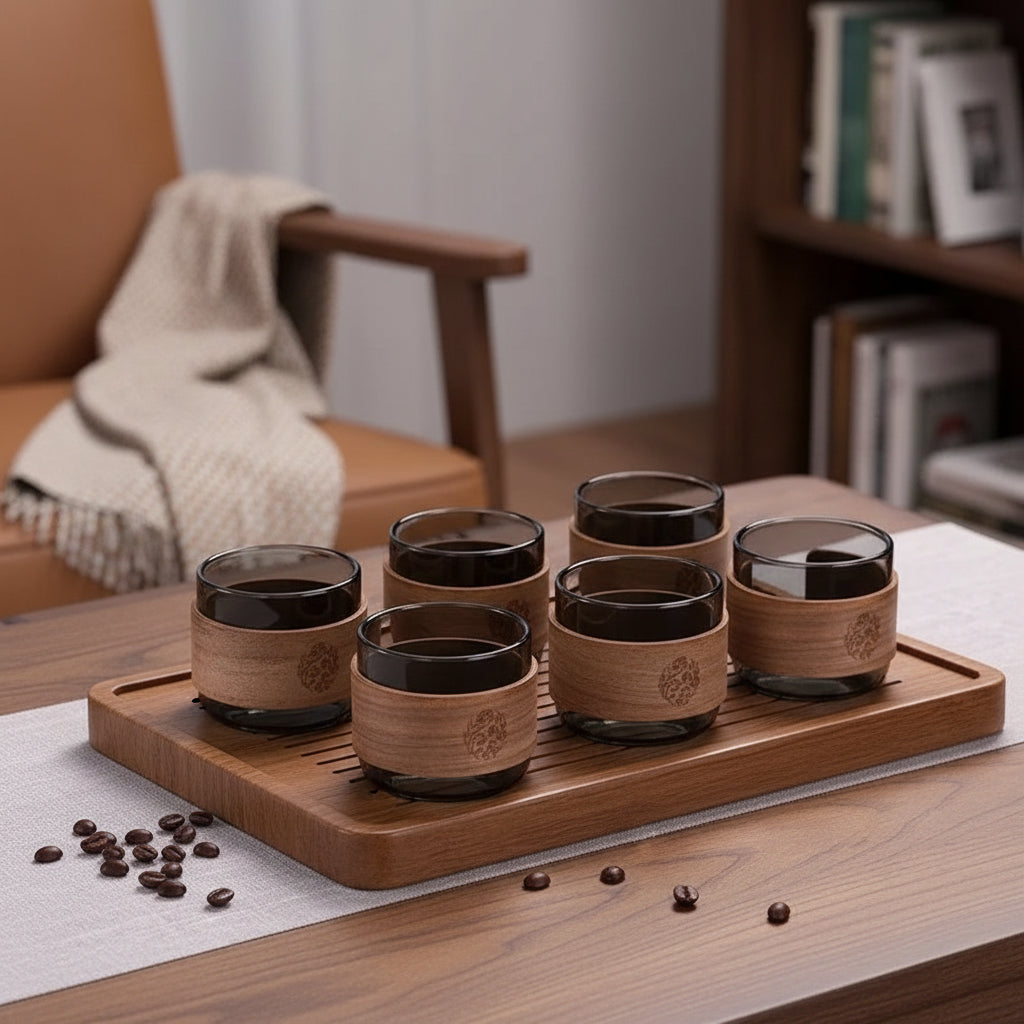 Set of six wooden cups with black interior on a wooden surface
