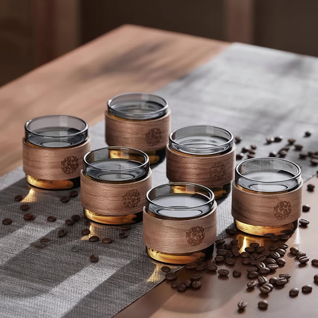 Set of glass cups with wooden accents on a reflective surface