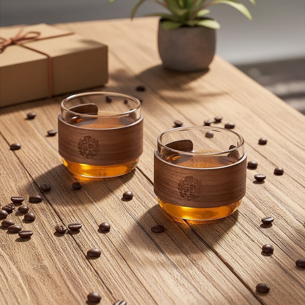 Tea being poured from a teapot into two glass cups with wooden bases on a wooden tray.
