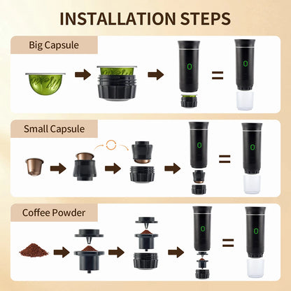 Step-by-step guide for installing different types of capsules and coffee powder into a device.