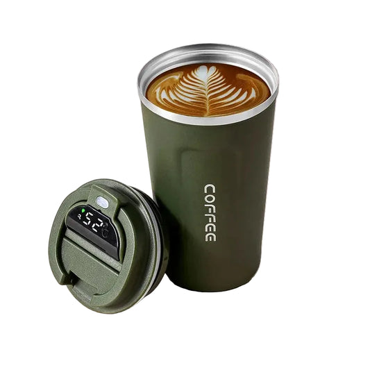 Green insulated coffee tumbler with a digital temperature display