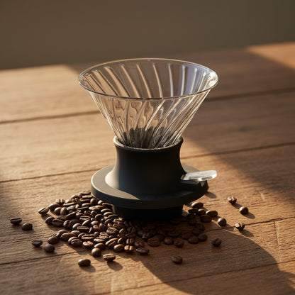 Glass coffee dripper on a table