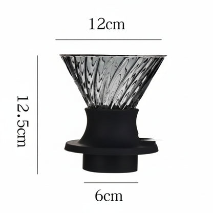 Glass tea filter with black silicone base and measurements on a white background